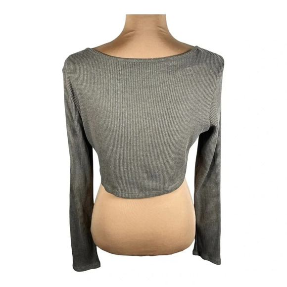 PRETTY LITTLE THING Khaki Marl Rib Round Neck Long Sleeve Crop Top Size 12 - Picture 5 of 11